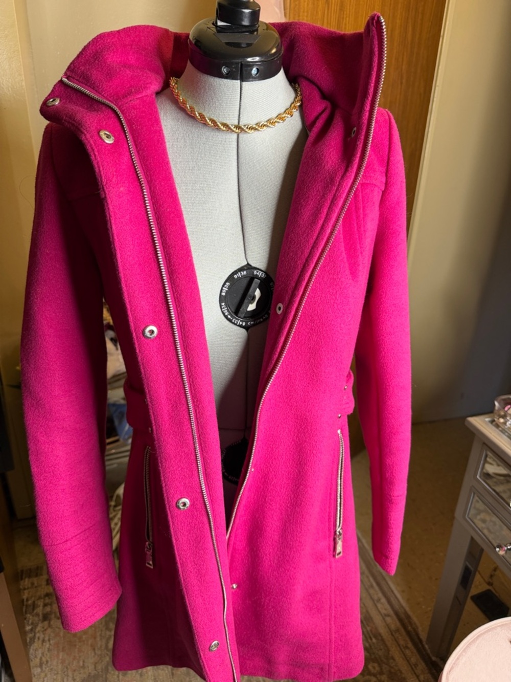 Vince Camuto Bright Hot Pink Hooded Wool-Blend Trench Coat